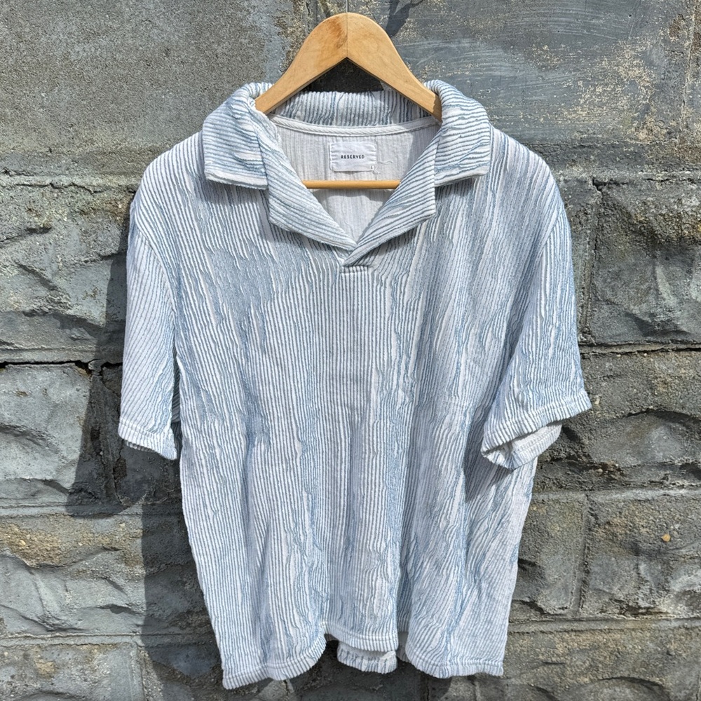 Reserved Poland Polo Shirt Large Textured White Blue Terrycloth look and feel